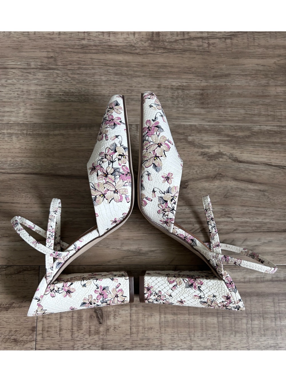 Floral vegan Pointed-Toe Block Heel strappy Mules White pink flowers summer - Picture 8 of 9